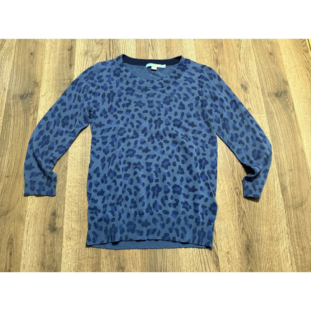 Boden Sweater Women Size 8 Blue Pullover Crew Neck Long sleeve Leopard Print